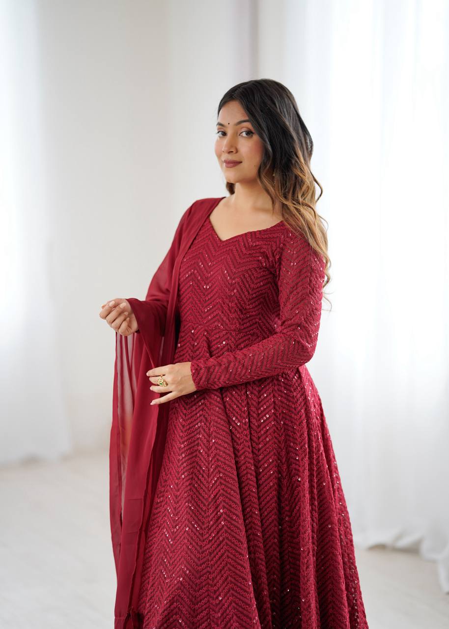 Maroon Festive Sequins Embroidered Anarkali Suit Set with Dupatta