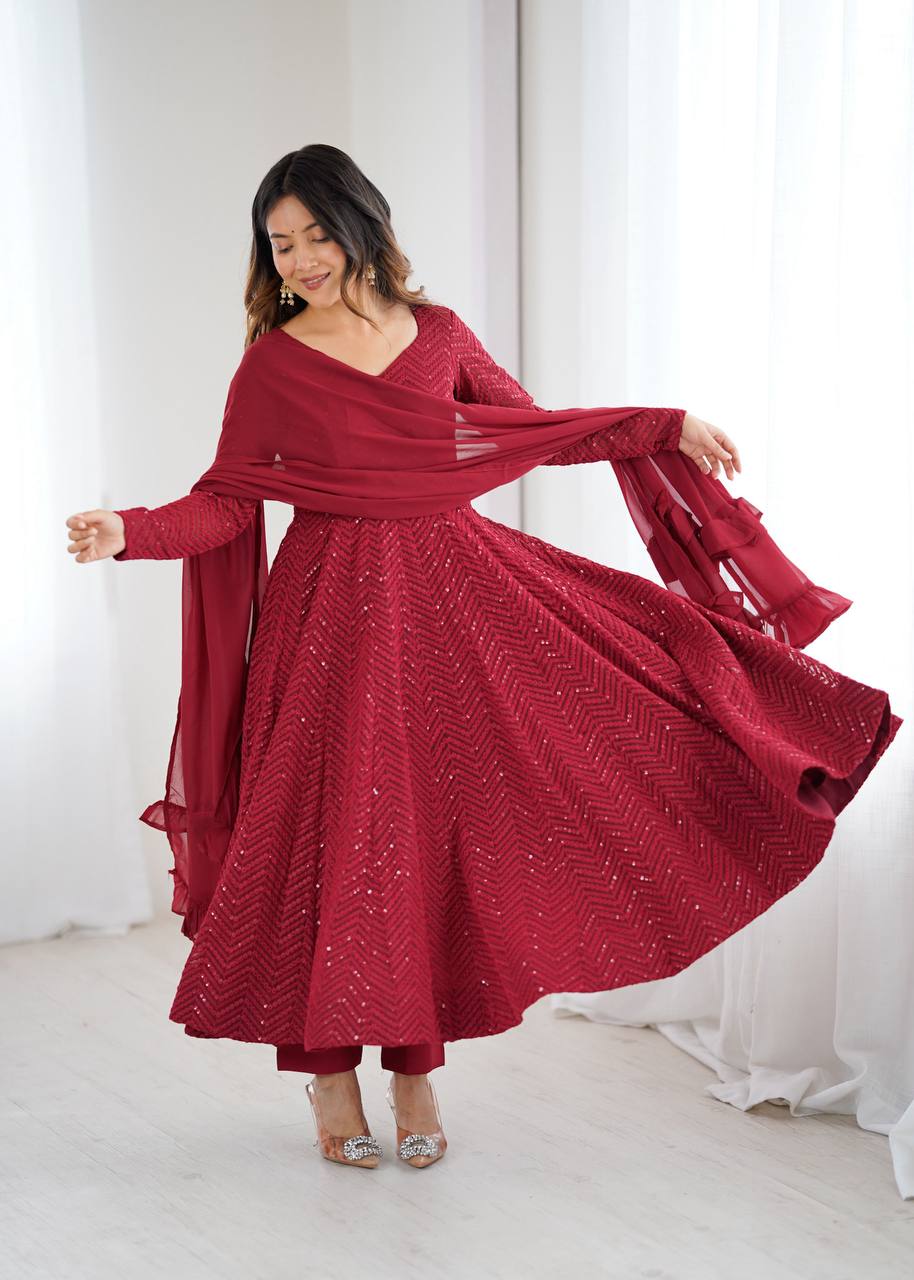 Maroon Festive Sequins Embroidered Anarkali Suit Set with Dupatta