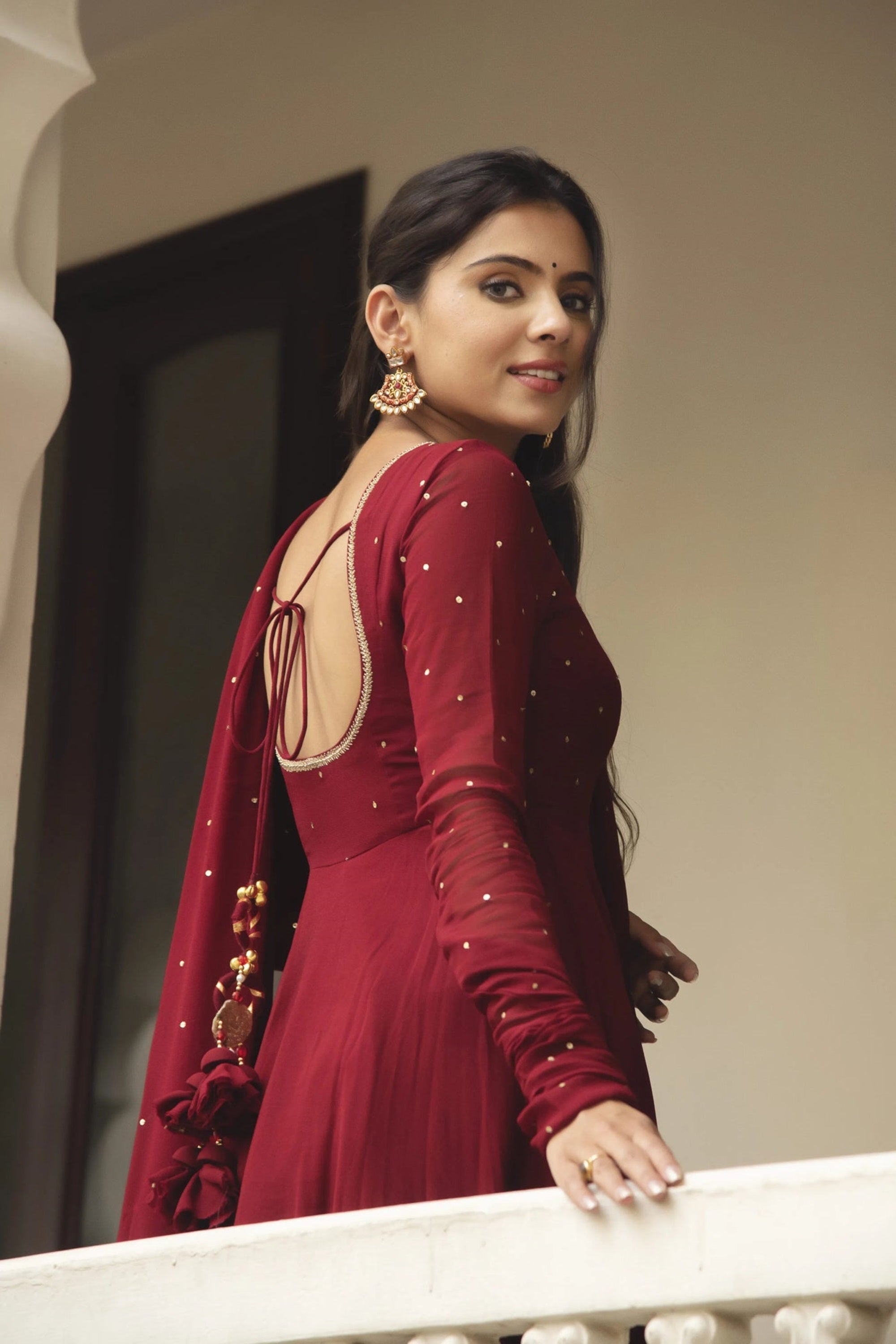 Maroon Fox Georgette Anarkali Suit Set with Pearl Border Dupatta | Anarkali Suit For Women