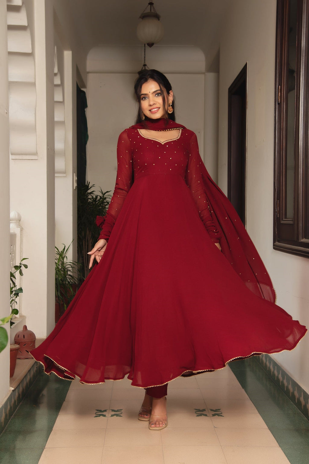 Maroon Fox Georgette Anarkali Suit Set with Pearl Border Dupatta | Anarkali Suit For Women