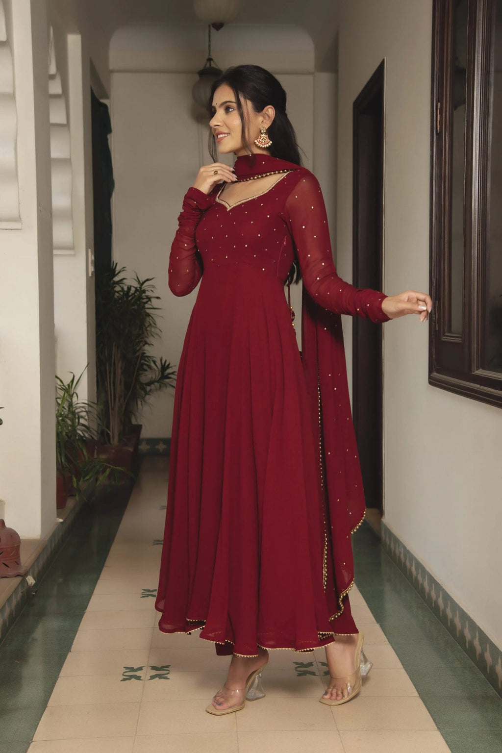 Maroon Fox Georgette Anarkali Suit Set with Pearl Border Dupatta | Anarkali Suit For Women