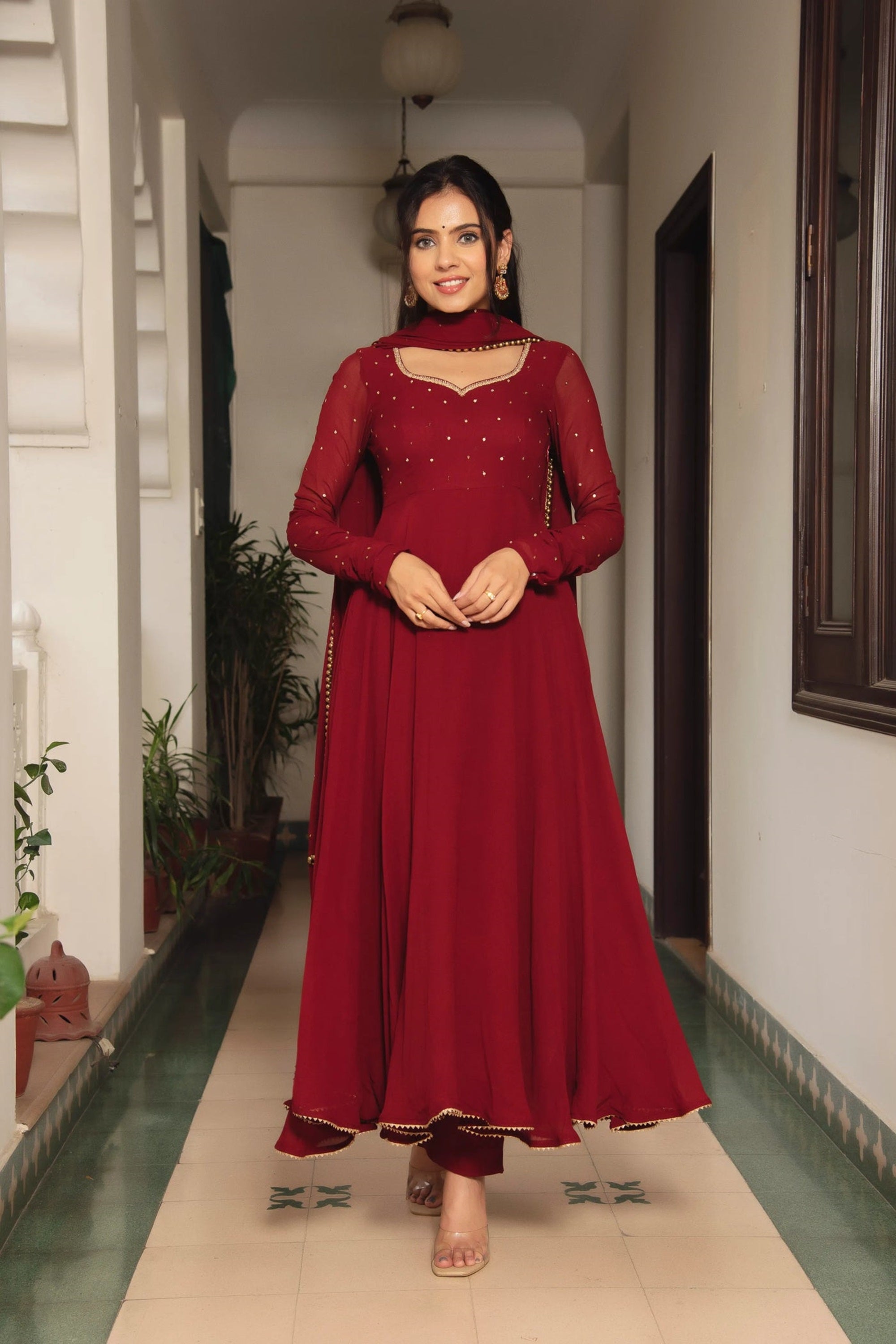 Maroon Fox Georgette Anarkali Suit Set with Pearl Border Dupatta | Anarkali Suit For Women