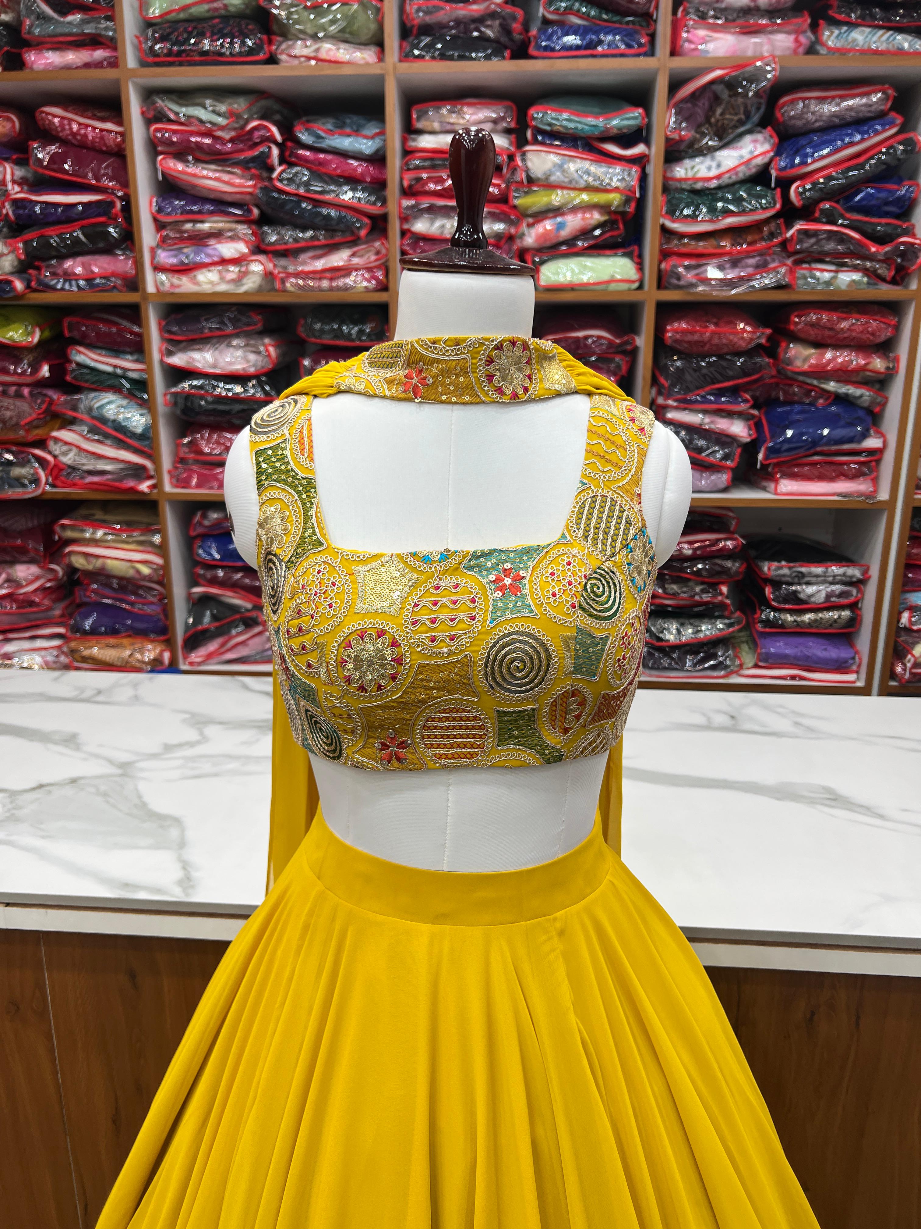 Amazing Yellow Pure Soft Faux Georgette Fully Stitched Lehenga Choli Set - Ethnicwish