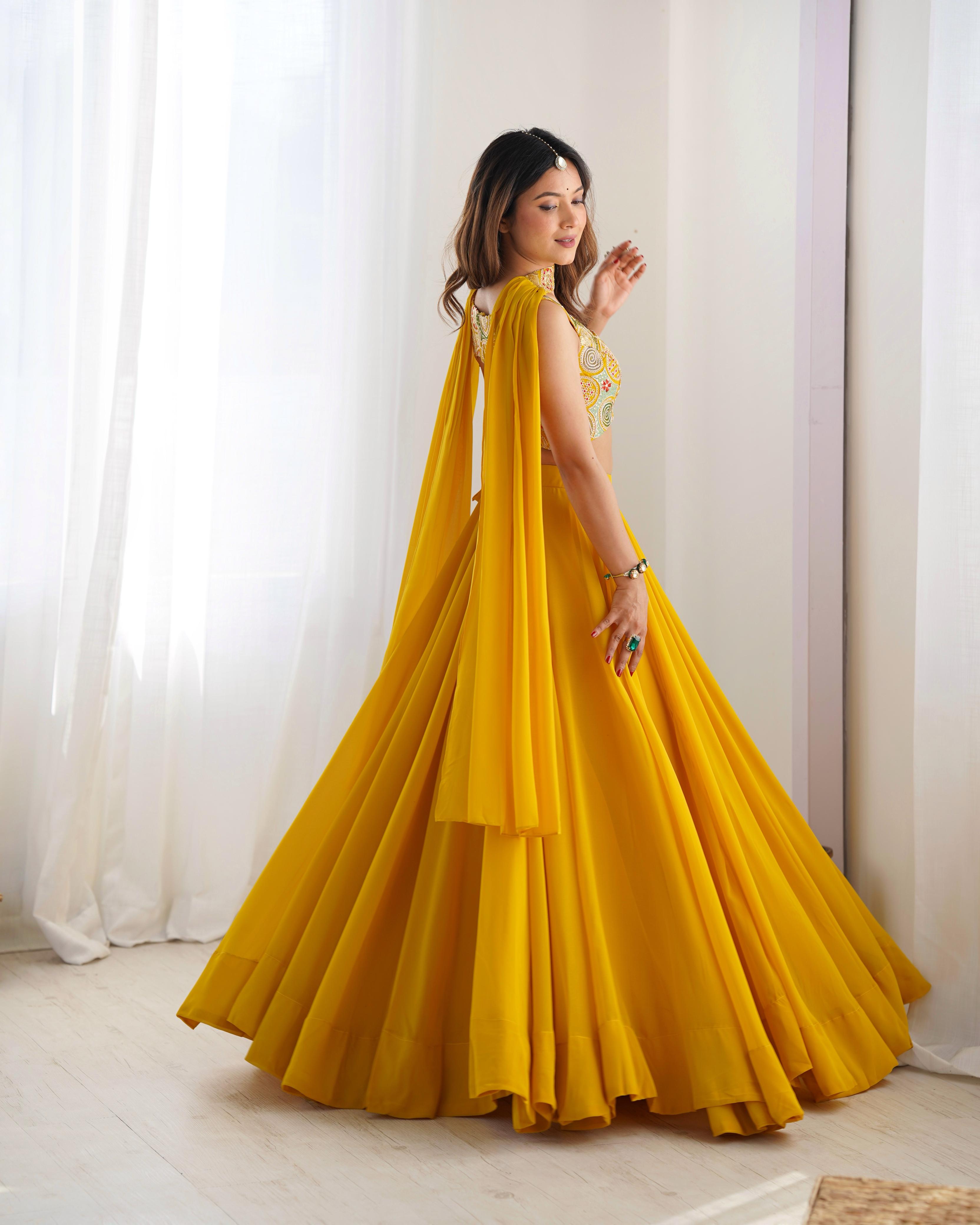Amazing Yellow Pure Soft Faux Georgette Fully Stitched Lehenga Choli Set - Ethnicwish