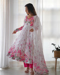Organza Silk Floral Print Three Piece White Anarkali Suit For Women