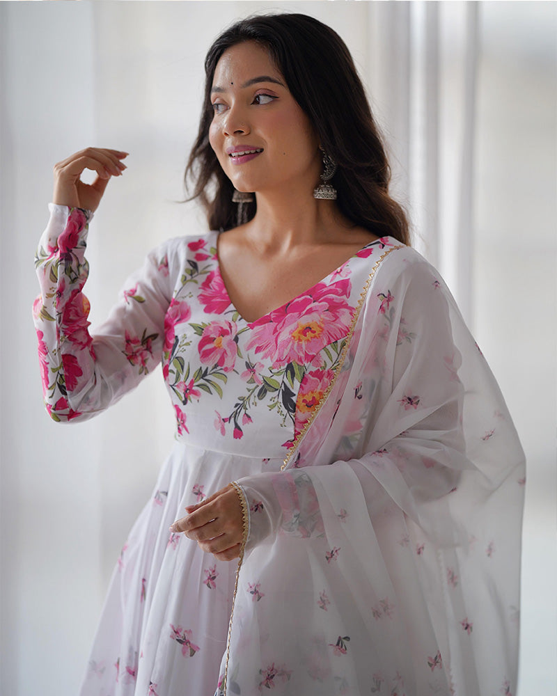 Organza Silk Floral Print Three Piece White Anarkali Suit For Women