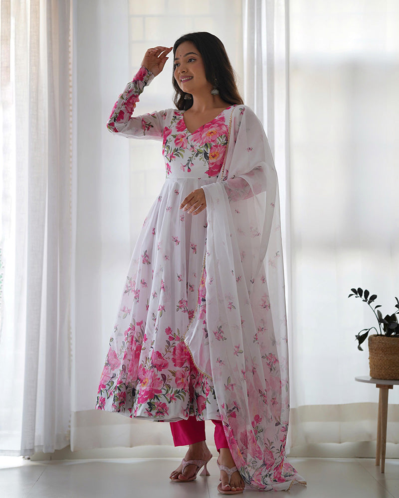 Organza Silk Floral Print Three Piece White Anarkali Suit For Women