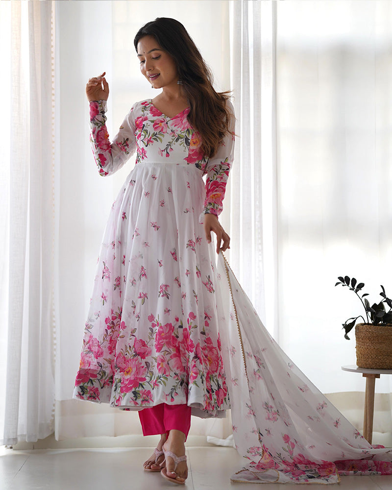 Organza Silk Floral Print Three Piece White Anarkali Suit For Women