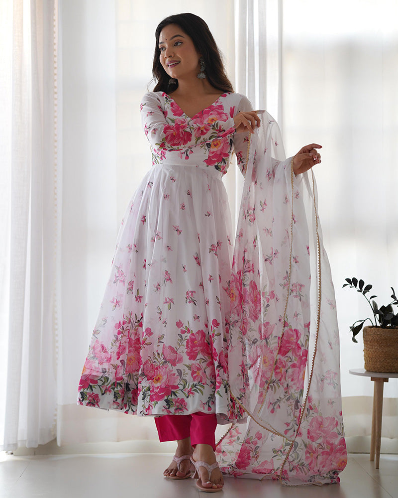 Organza Silk Floral Print Three Piece White Anarkali Suit For Women