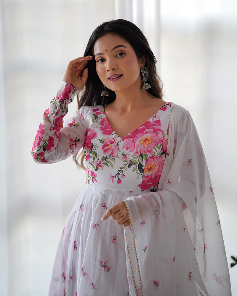 Organza Silk Floral Print Three Piece White Anarkali Suit For Women