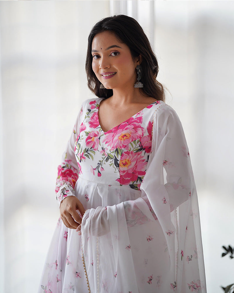 Organza Silk Floral Print Three Piece White Anarkali Suit For Women