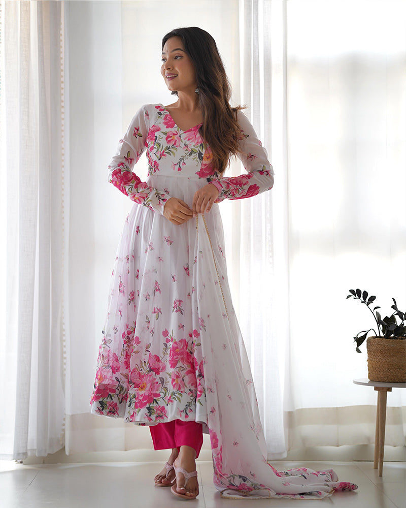 Organza Silk Floral Print Three Piece White Anarkali Suit For Women