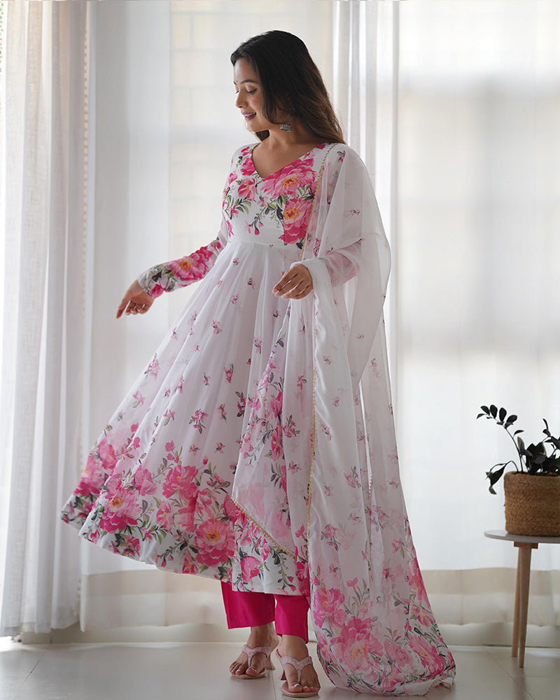 Organza Silk Floral Print Three Piece White Anarkali Suit For Women