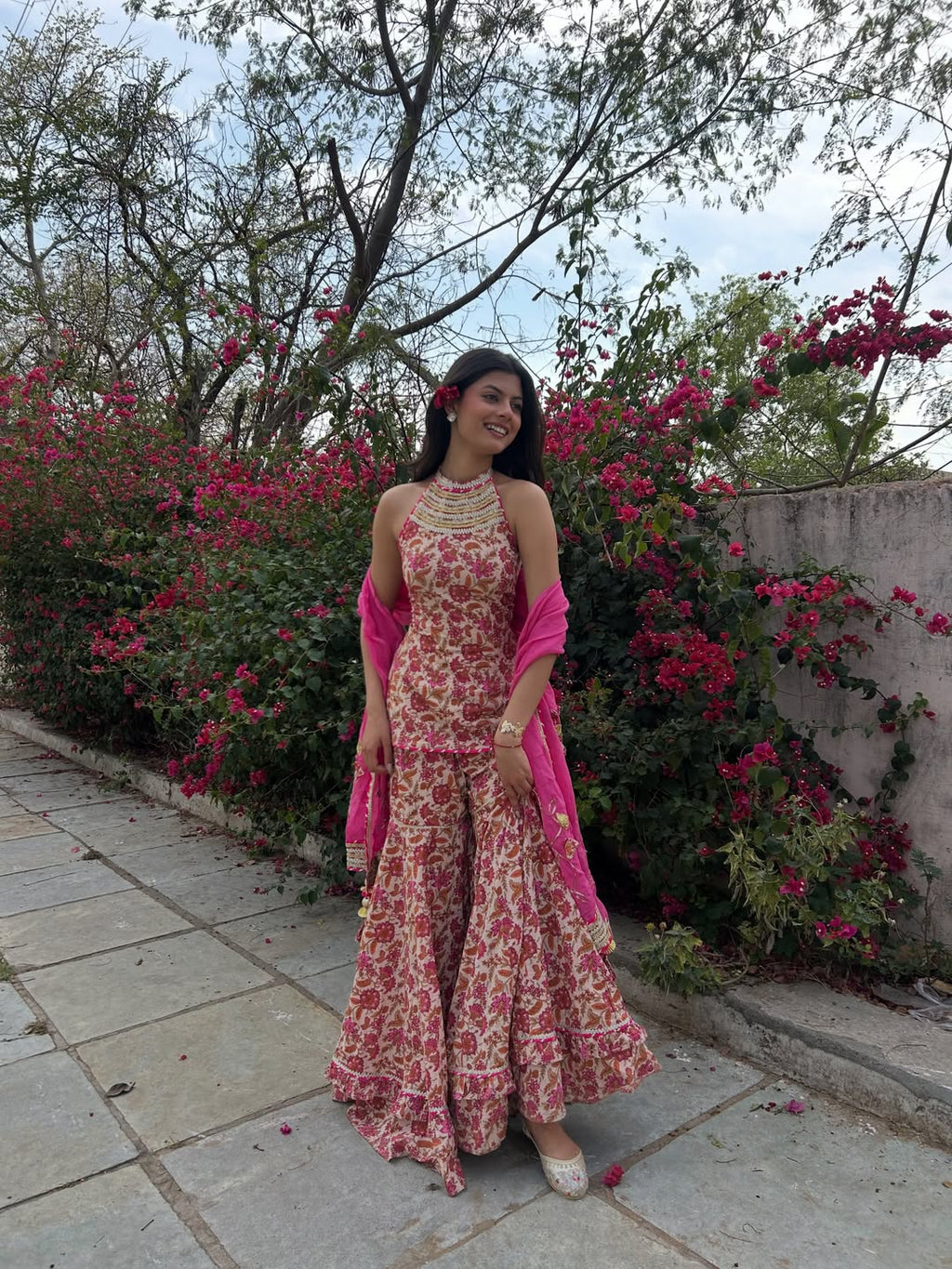 Wedding, Sangeet & Party Wear Indian Virasat Pink Printed Cotton Sharara set for woman with Organza Dupatta