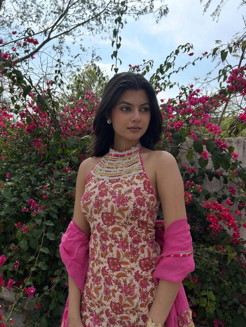 Wedding, Sangeet & Party Wear Indian Virasat Pink Printed Cotton Sharara set for woman with Organza Dupatta