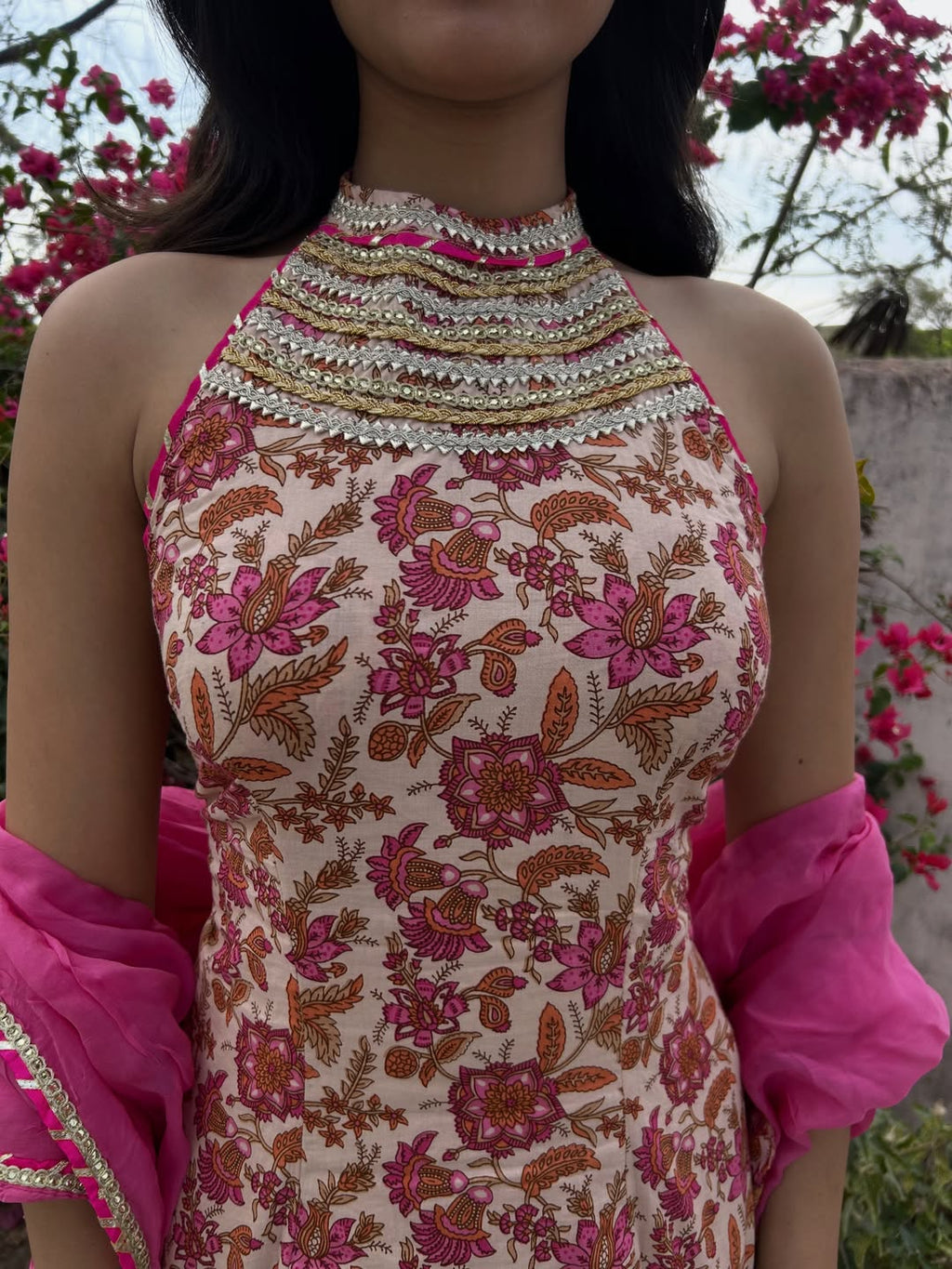 Wedding, Sangeet & Party Wear Indian Virasat Pink Printed Cotton Sharara set for woman with Organza Dupatta