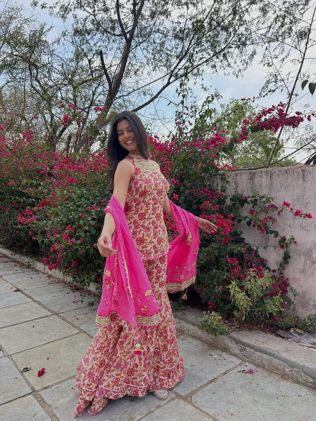 Wedding, Sangeet & Party Wear Indian Virasat Pink Printed Cotton Sharara set for woman with Organza Dupatta