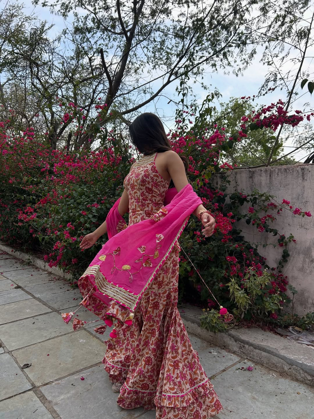 Wedding, Sangeet & Party Wear Indian Virasat Pink Printed Cotton Sharara set for woman with Organza Dupatta