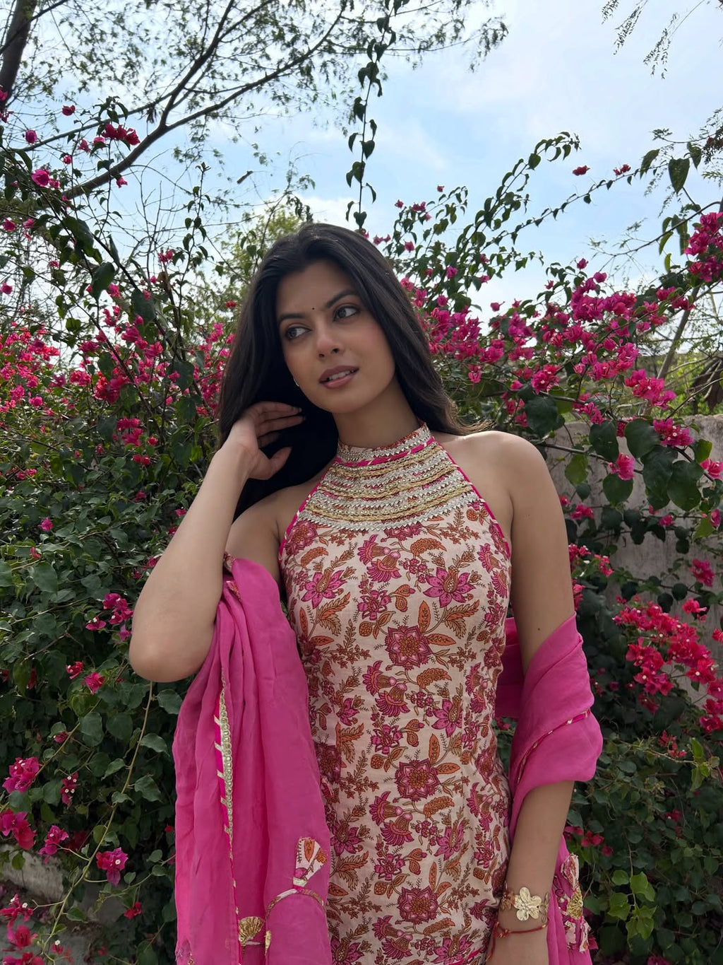 Wedding, Sangeet & Party Wear Indian Virasat Pink Printed Cotton Sharara set for woman with Organza Dupatta