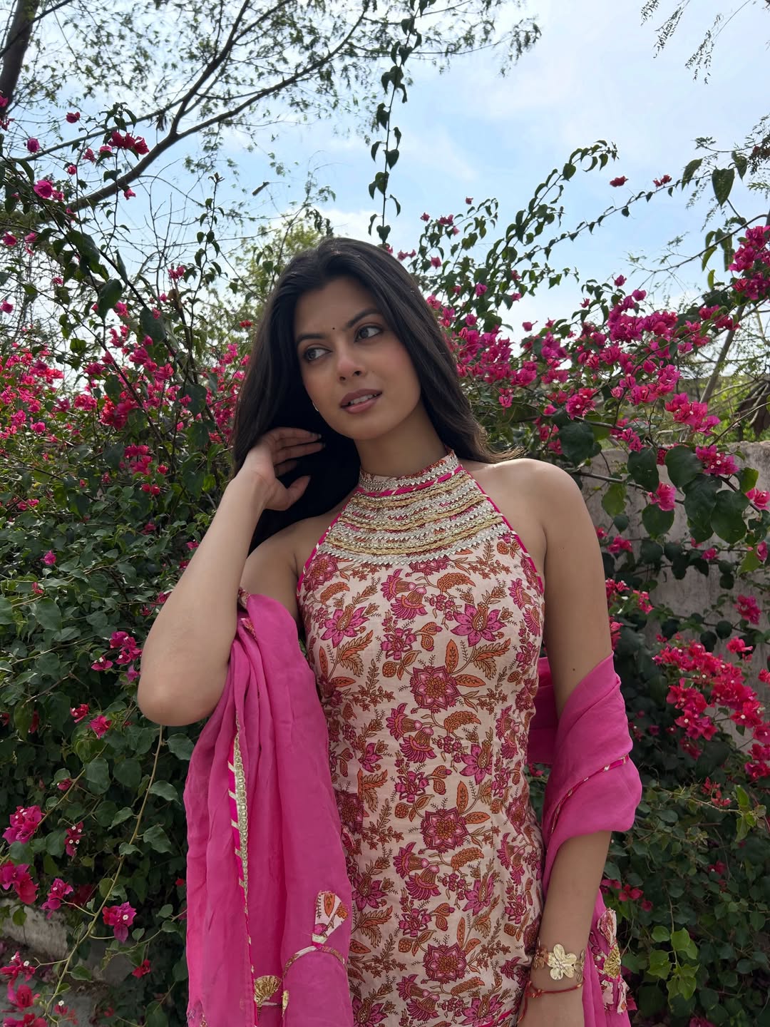 Wedding, Sangeet & Party Wear Indian Virasat Pink Printed Cotton Sharara set for woman with Organza Dupatta