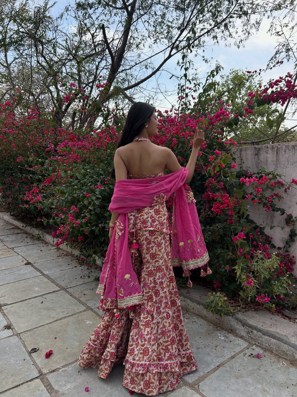 Wedding, Sangeet & Party Wear Indian Virasat Pink Printed Cotton Sharara set for woman with Organza Dupatta