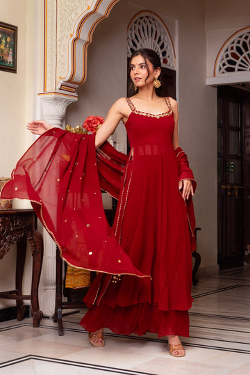 Red Hand Mirror Work Anarkali Suit For Women