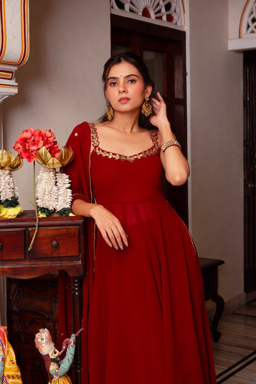 Red Hand Mirror Work Anarkali Suit For Women