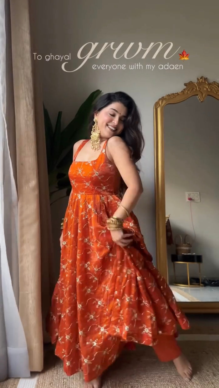 Rust Orange Floral Embroidered Anarkali Suit with Dupatta | Anarkali Suit For Women
