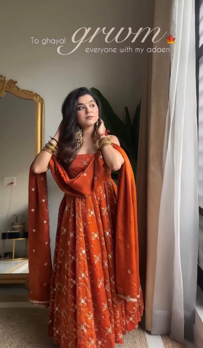 Rust Orange Floral Embroidered Anarkali Suit with Dupatta | Anarkali Suit For Women