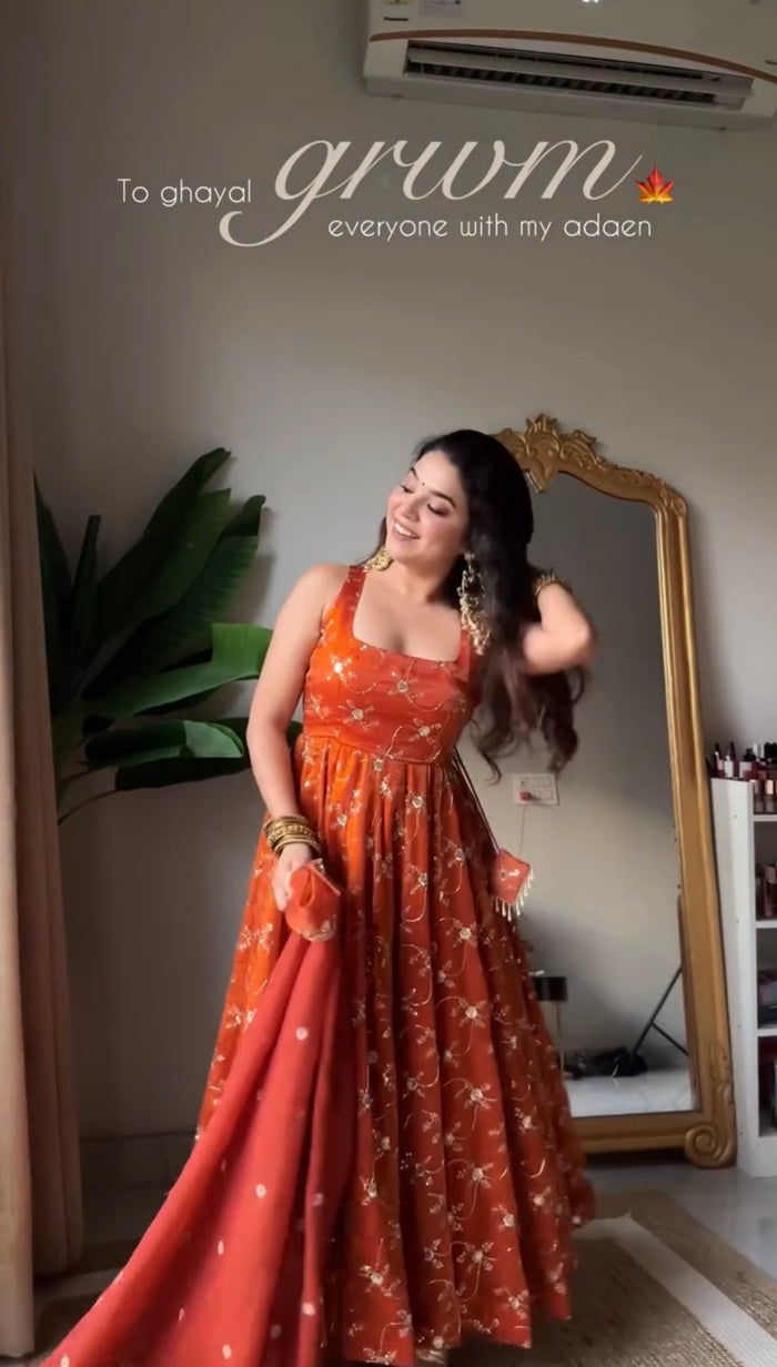 Rust Orange Floral Embroidered Anarkali Suit with Dupatta | Anarkali Suit For Women