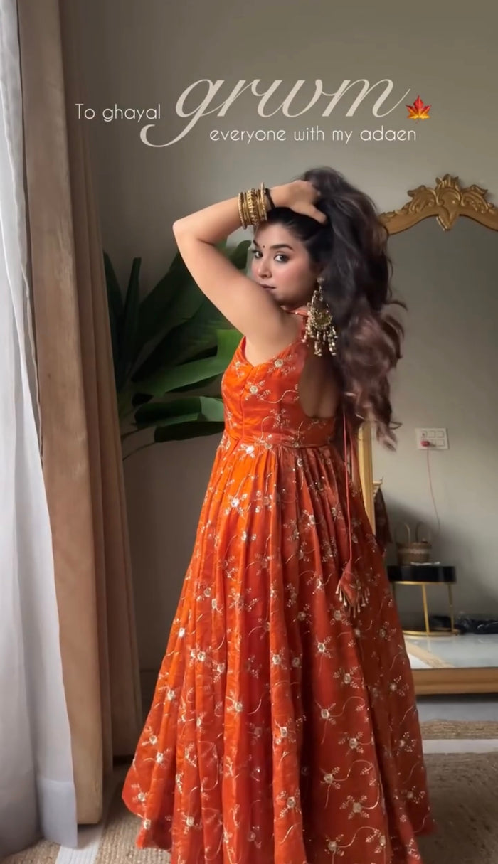 Rust Orange Floral Embroidered Anarkali Suit with Dupatta | Anarkali Suit For Women
