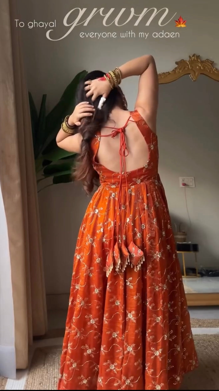 Rust Orange Floral Embroidered Anarkali Suit with Dupatta | Anarkali Suit For Women