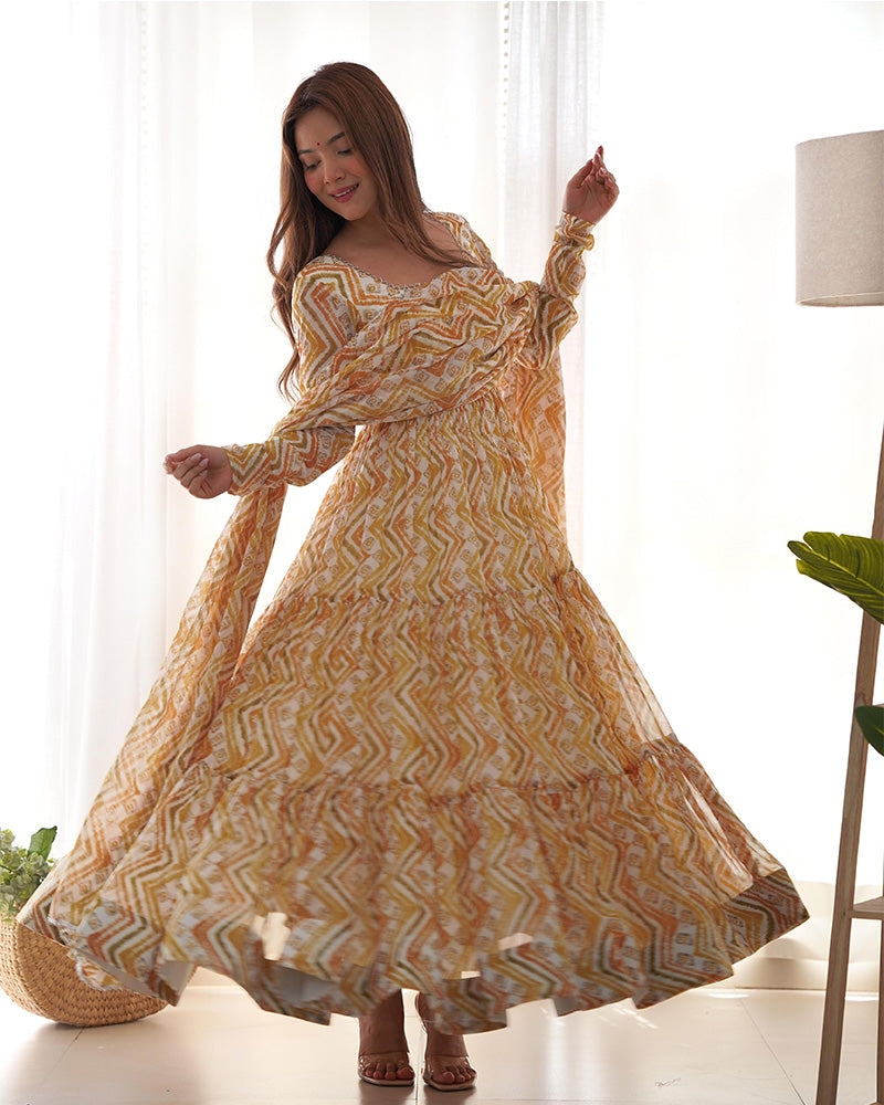 Soft Georgette Three Layer Ruffle Style Off-White Anarkali Suit For Women
