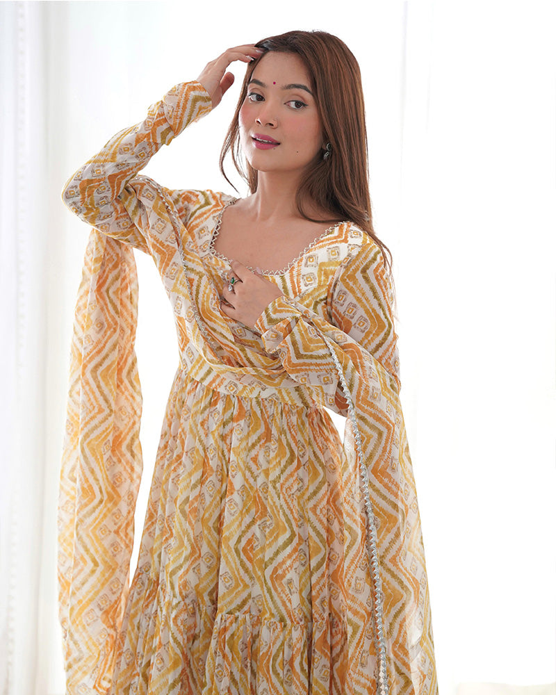 Soft Georgette Three Layer Ruffle Style Off-White Anarkali Suit For Women