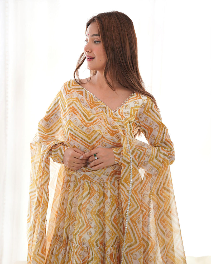 Soft Georgette Three Layer Ruffle Style Off-White Anarkali Suit For Women