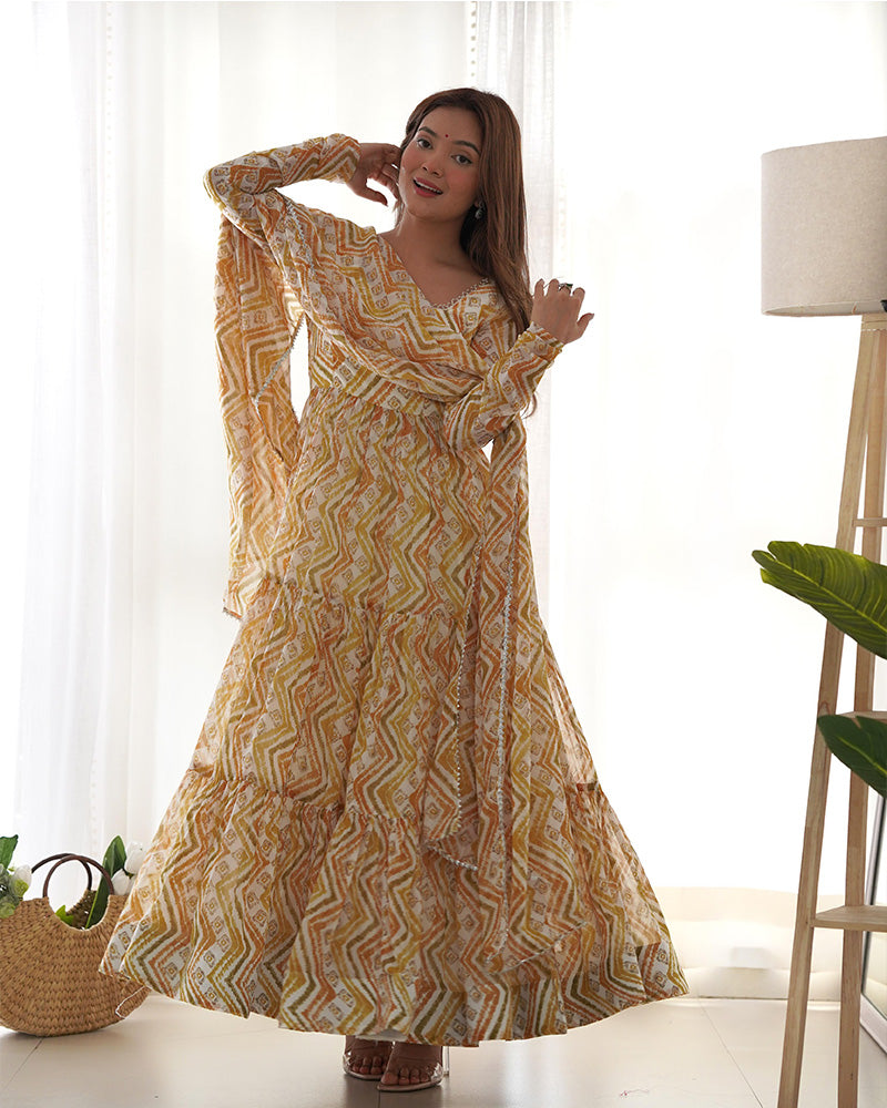 Soft Georgette Three Layer Ruffle Style Off-White Anarkali Suit For Women