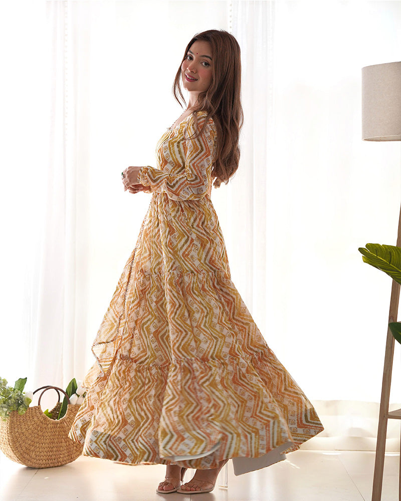 Soft Georgette Three Layer Ruffle Style Off-White Anarkali Suit For Women