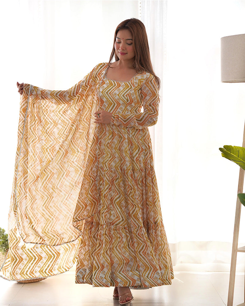 Soft Georgette Three Layer Ruffle Style Off-White Anarkali Suit For Women