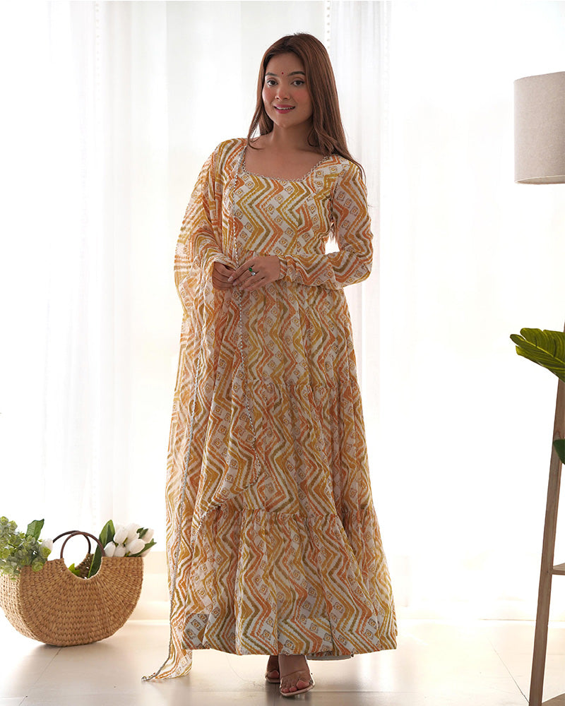 Soft Georgette Three Layer Ruffle Style Off-White Anarkali Suit For Women