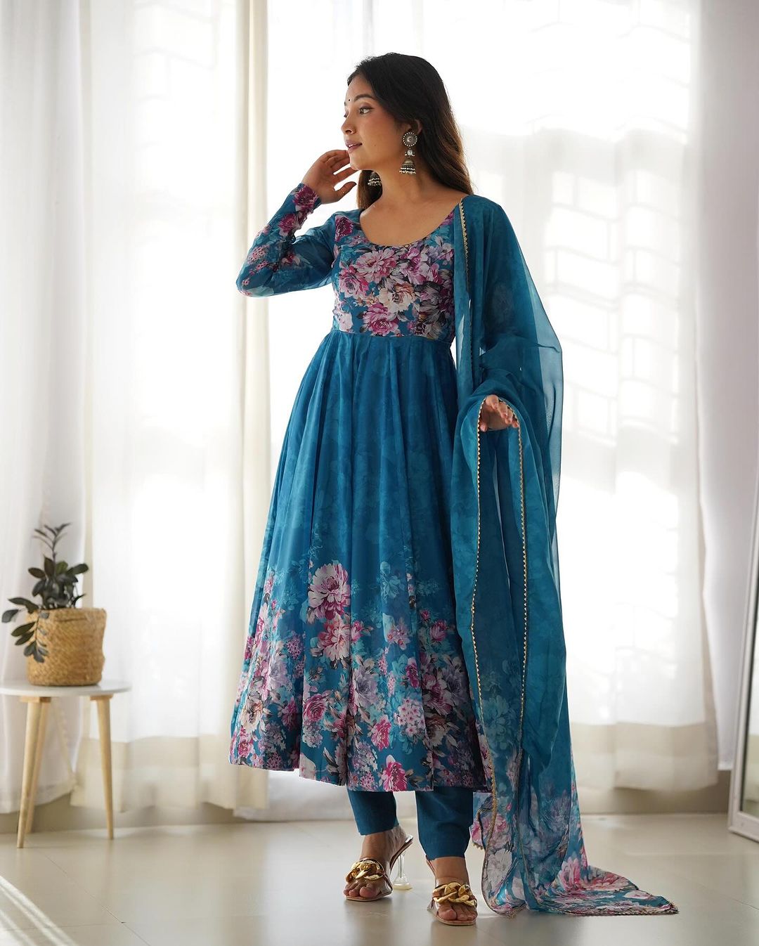 Pure Organza Anarkali Suit with Floral Print - Elegant Anarkali Dresses