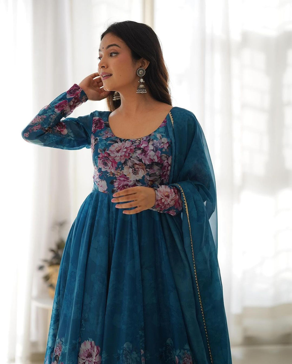 Pure Organza Anarkali Suit with Floral Print - Elegant Anarkali Dresses