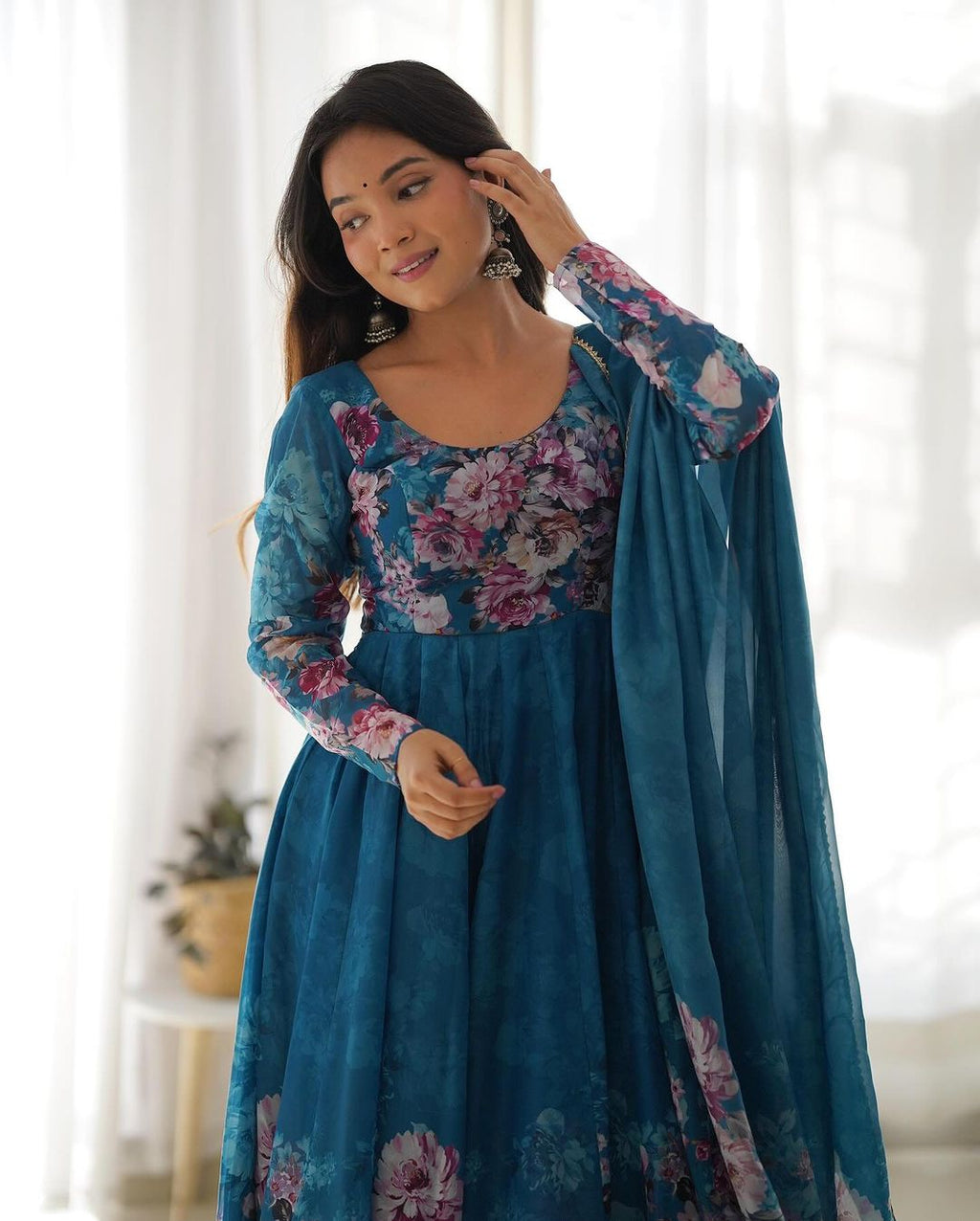 Pure Organza Anarkali Suit with Floral Print - Elegant Anarkali Dresses