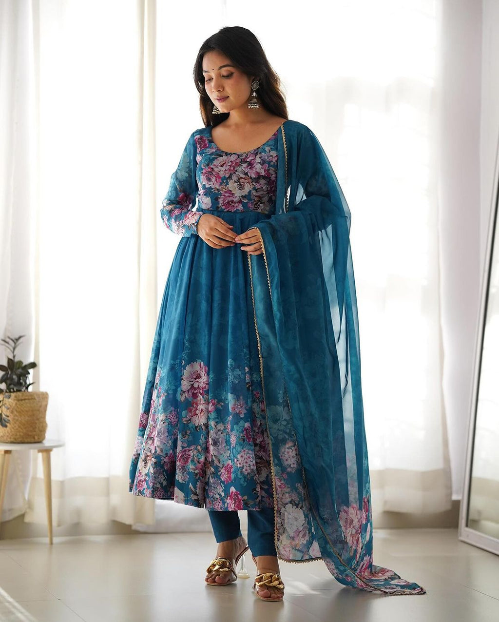Pure Organza Anarkali Suit with Floral Print - Elegant Anarkali Dresses