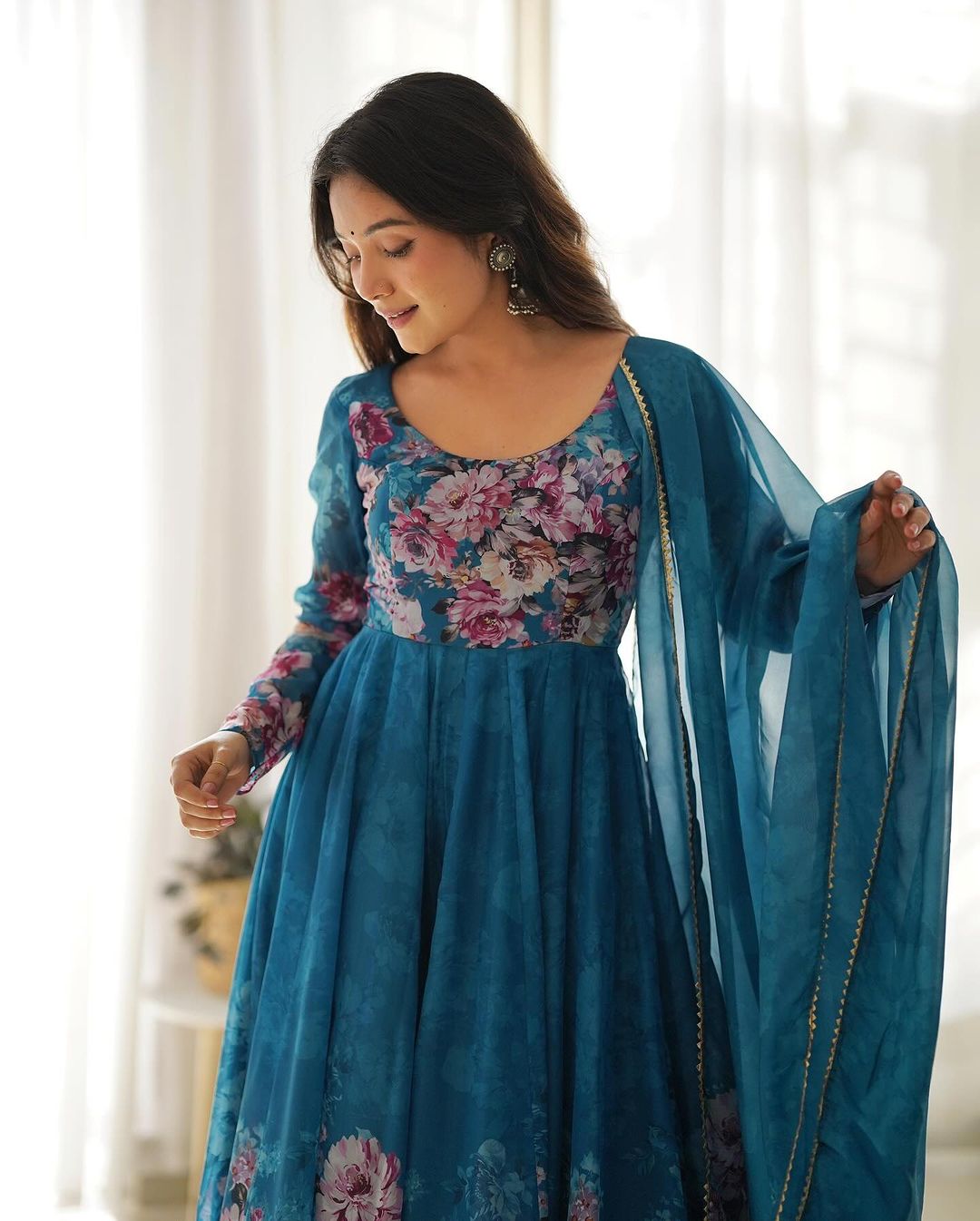 Pure Organza Anarkali Suit with Floral Print - Elegant Anarkali Dresses