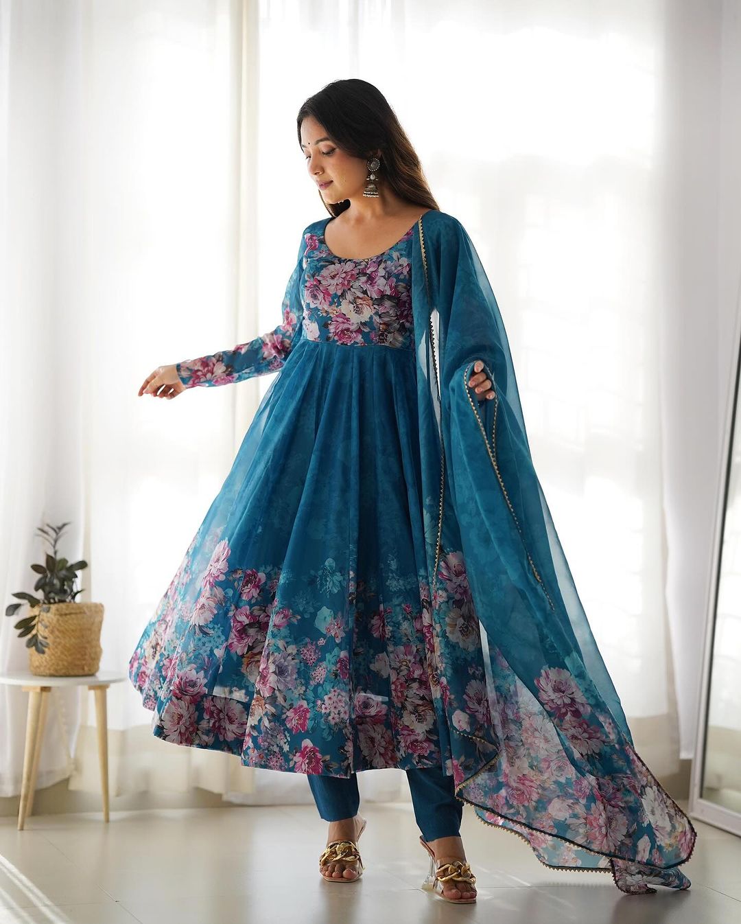 Pure Organza Anarkali Suit with Floral Print - Elegant Anarkali Dresses
