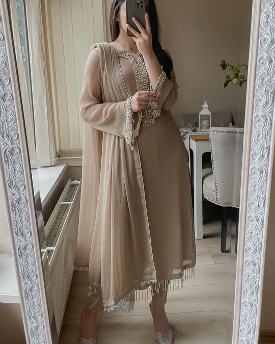 Premium Fox Georgette Straight Suit Set with Real Moti Handwork Dupatta