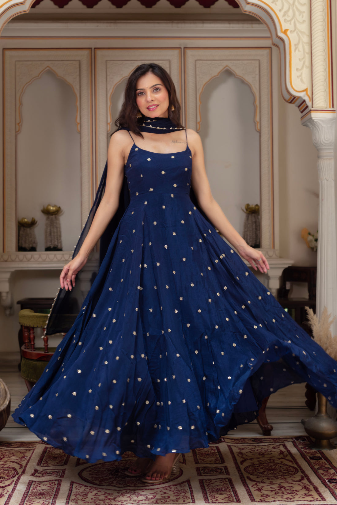 Starfall Blue Sequined Chinon Party Wear Anarkali Suit Set | Anarkali Suit For Women