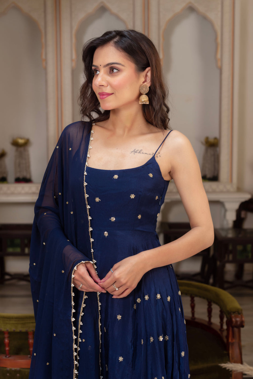 Starfall Blue Sequined Chinon Party Wear Anarkali Suit Set | Anarkali Suit For Women