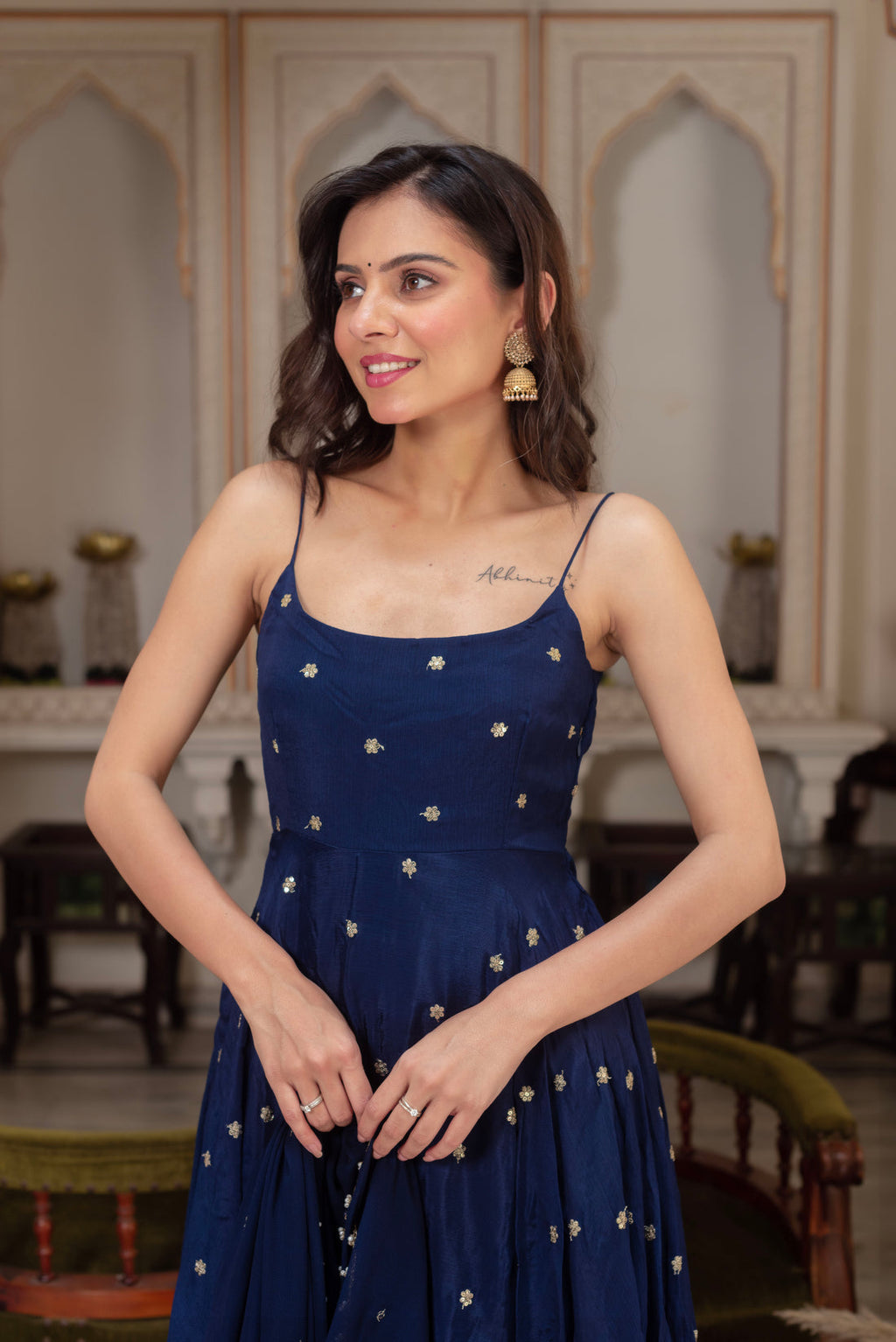 Starfall Blue Sequined Chinon Party Wear Anarkali Suit Set | Anarkali Suit For Women