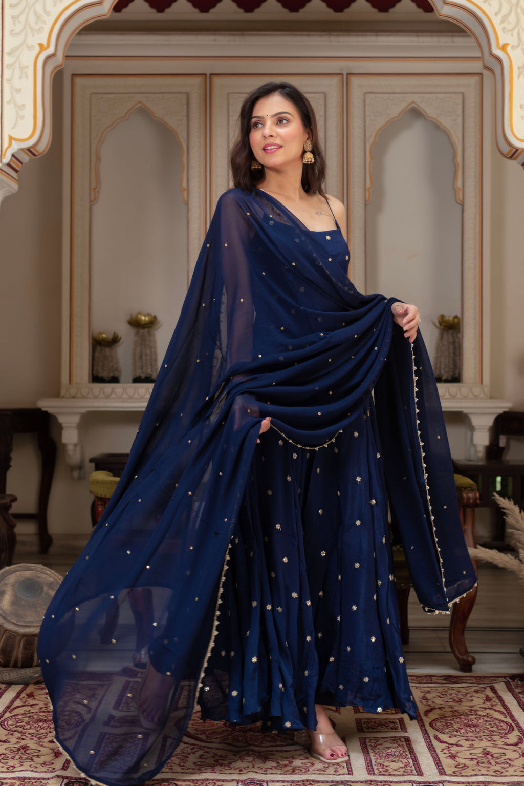 Starfall Blue Sequined Chinon Party Wear Anarkali Suit Set | Anarkali Suit For Women